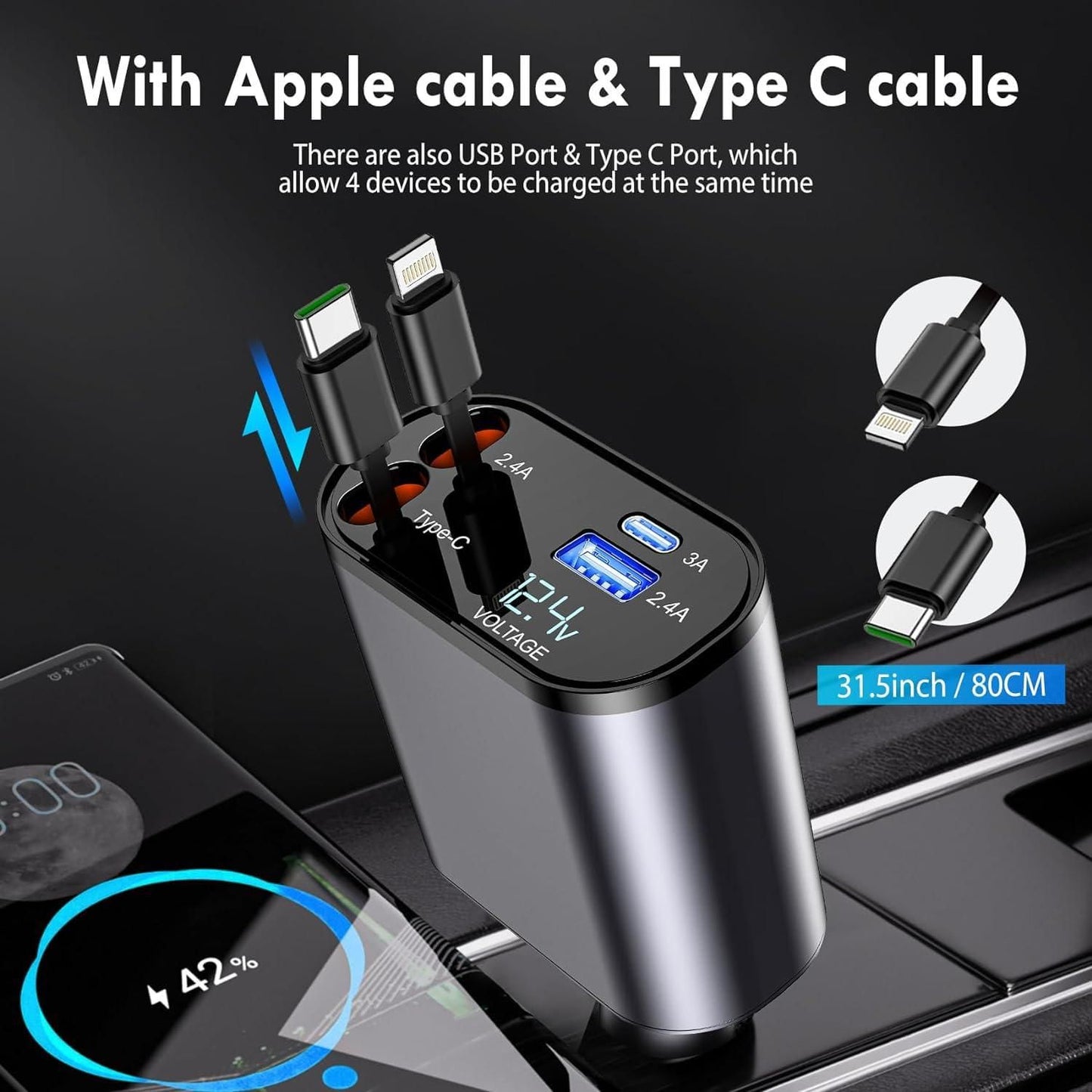 Retractable Car Charger- 5 in one Charing