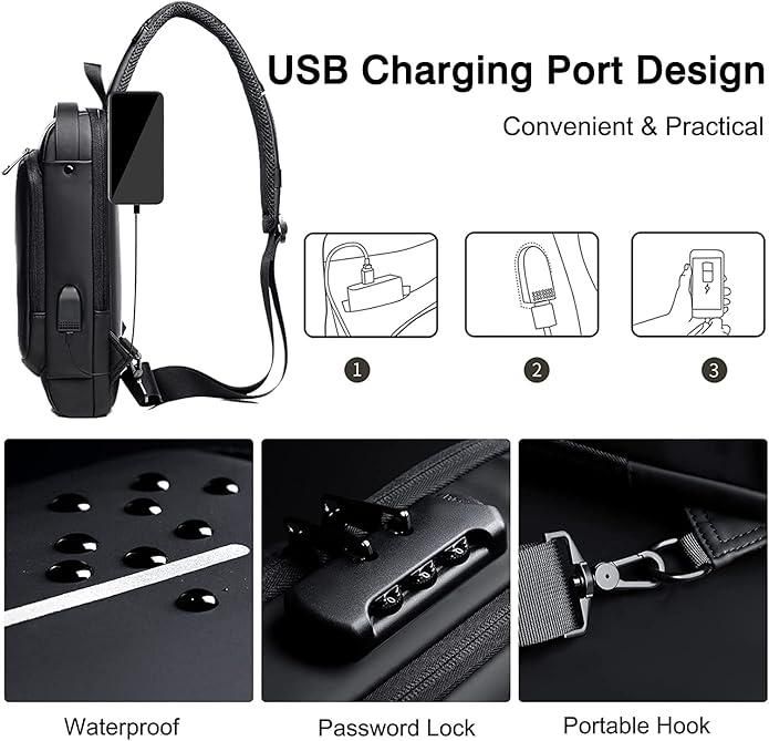 Sling Bag for Men & Women with USB Charging Port