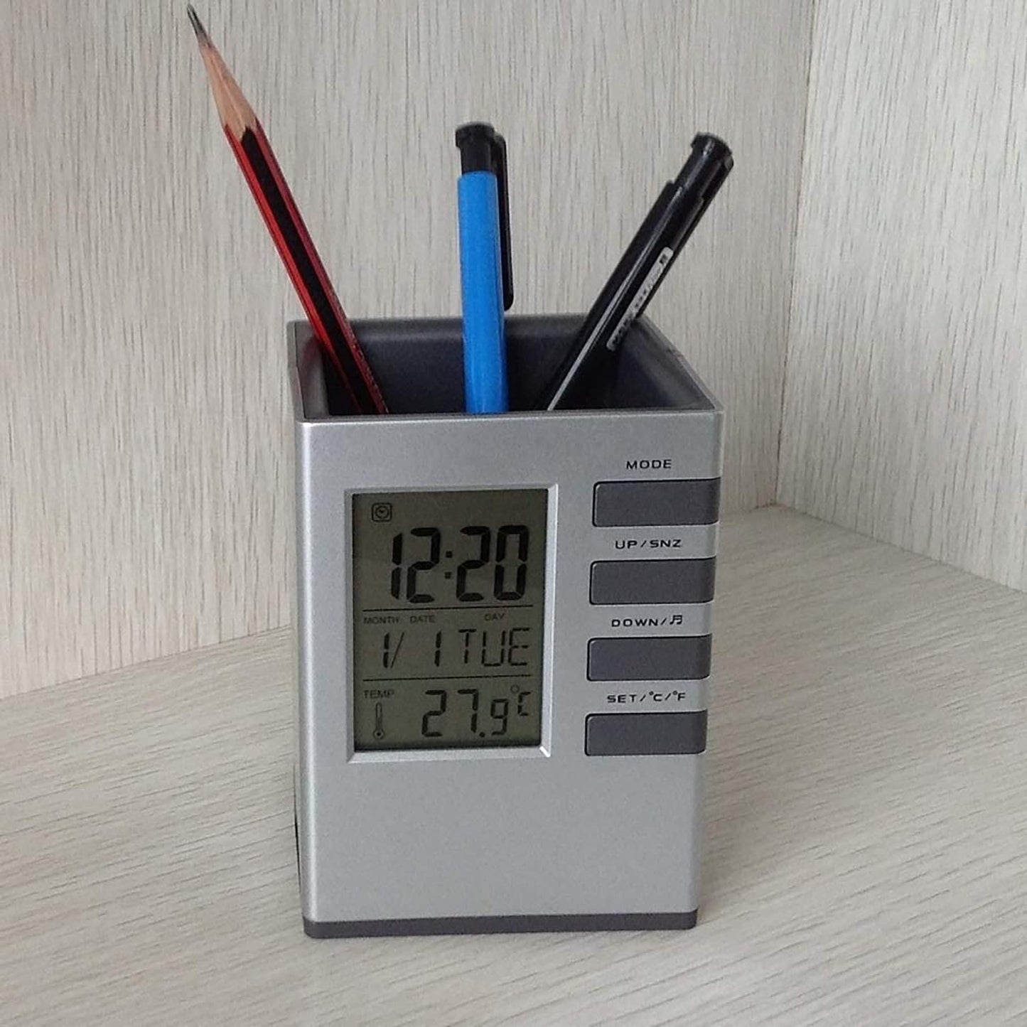 Pen Holder With LCD Display Digital Alarm Clock