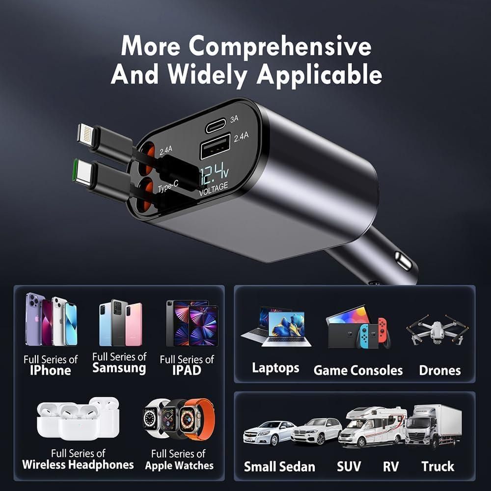Retractable Car Charger- 5 in one Charing
